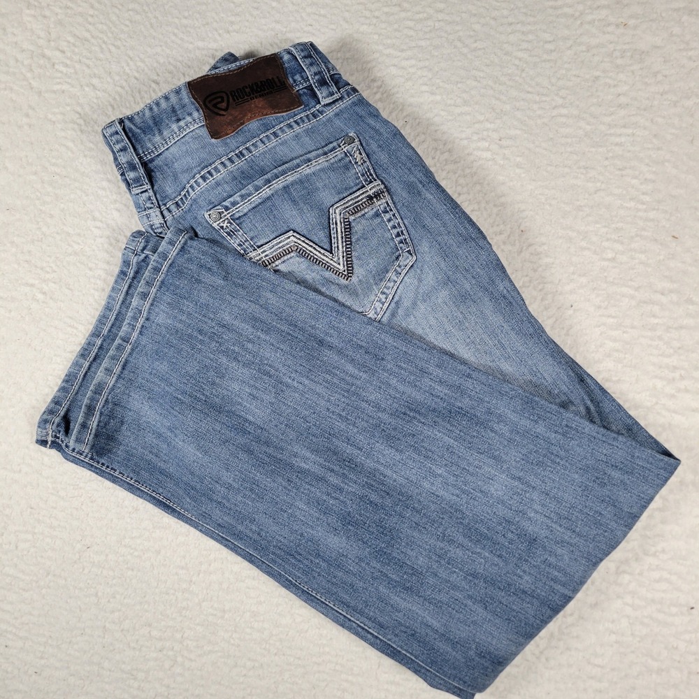 Rock & Roll Denim Double Barrel Straight Jeans Mens 34x32 Blue Relaxed Stretch